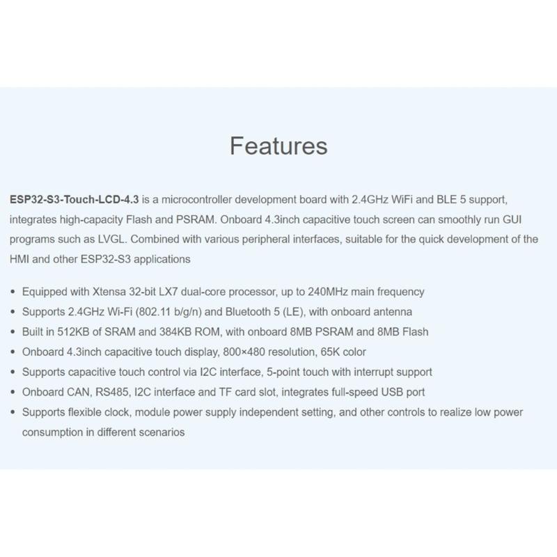 ESP32-S3 4.3inch Capacitive Touch Display 32bit LX7 Dualcore Processor Development Board, 800*480, 5-point Touch,