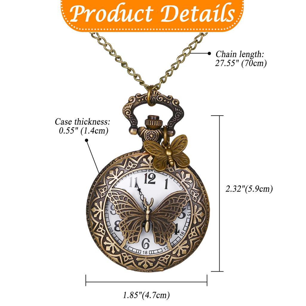 Antique Butterfly Pocket Watch with Analog Display and Waterproof Butterfly Pocket Watch with Pendant Necklace and Chain Perfect Gift for and Day