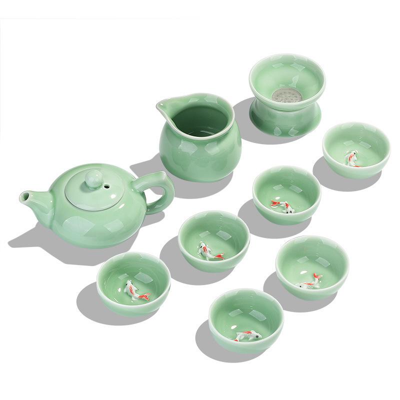 Xia Jie fish teacup celadon tea set household kung fu ceramic set complete set white porcelain blue and white porcelain teacup teapot