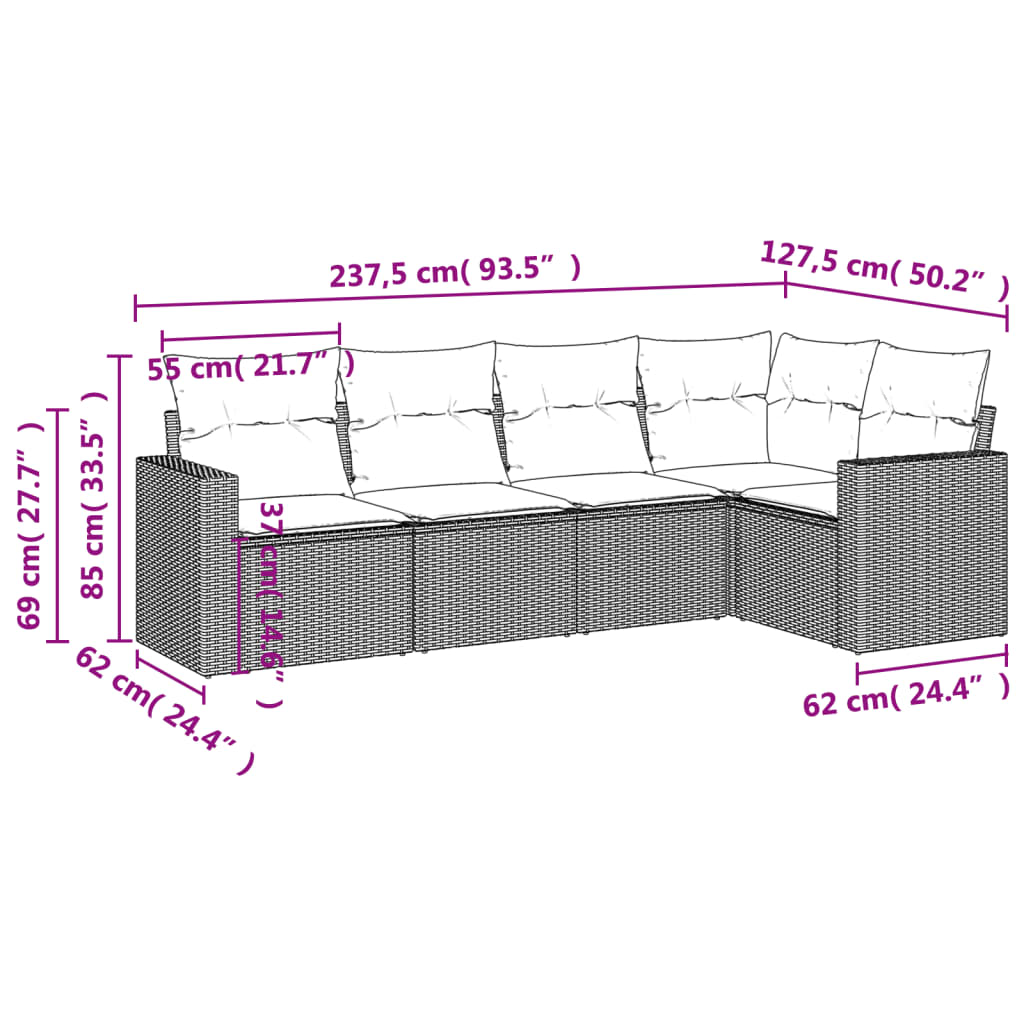 Vidaxl 5-Cz. Garden Furniture Set With Cushions, Beige, Poly Rattan
