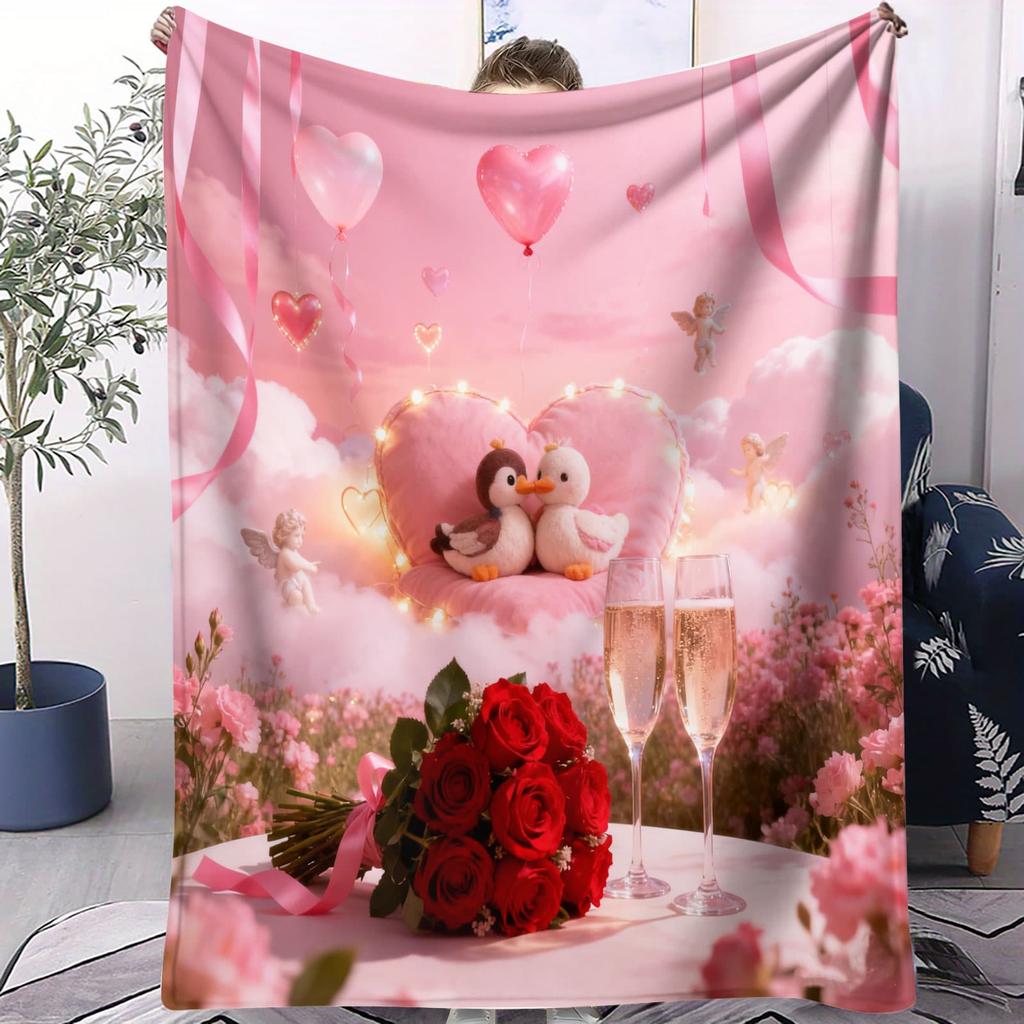 Cartoon Cupid Heart Rose Plush Blanket Cute Throw for Living Room Bed Valentines Celebrations Ideal Lovebirds Gift Enthusiasts