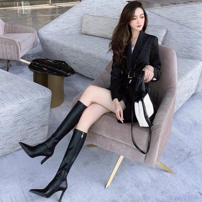 Fashion 2025 New High Heel Boots for Women's Spring Autumn and Winter New Fashion Soft Leather Versatile High Head Knee Length Boots