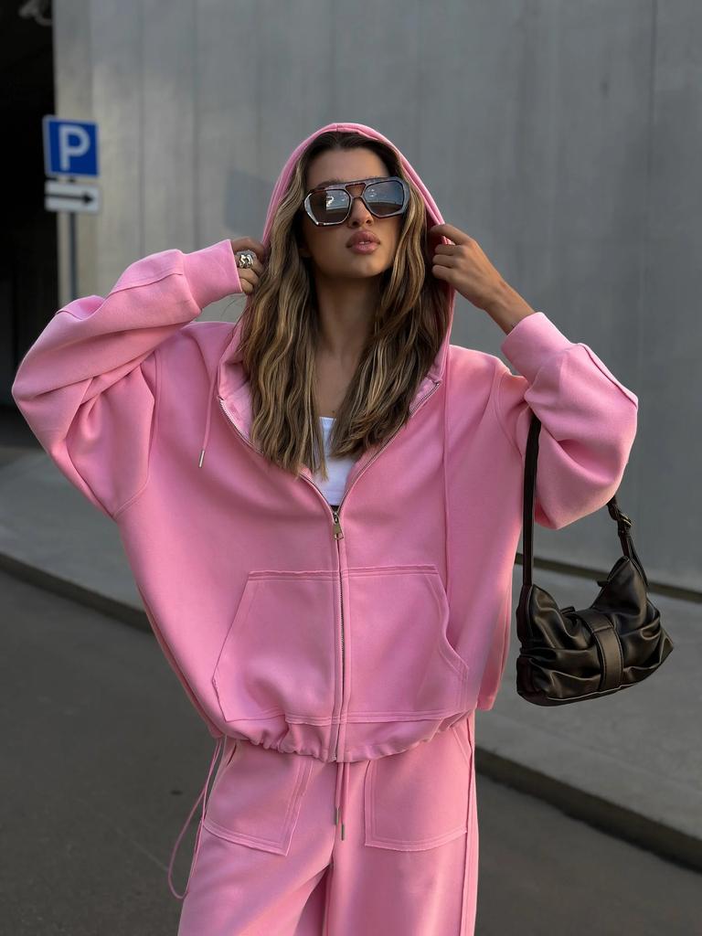 European and American street style casual suit solid color long-sleeved zipper hoodie jacket lace-up wide-leg pants two-piece set