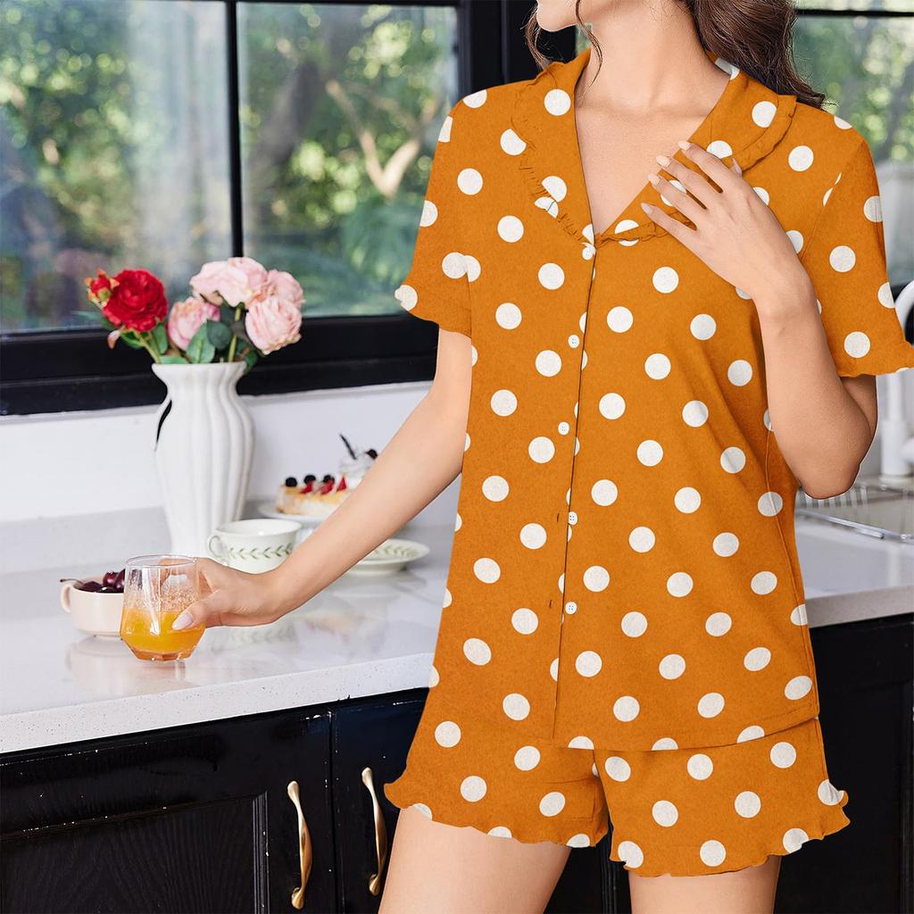 Damen Kurzarm Schlafanzug Set Polka Dot Knopfleiste Zweiteilig Rüschenbesatz Hauskleidung Nachtwäsche Oberteil und Shorts Set