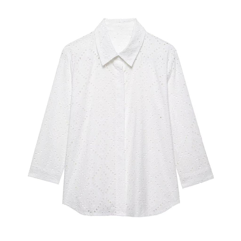 2025 Lato Damska Haftowana Ażurowa Koszula Casual z Klapami - Styl Europejski i Amerykański