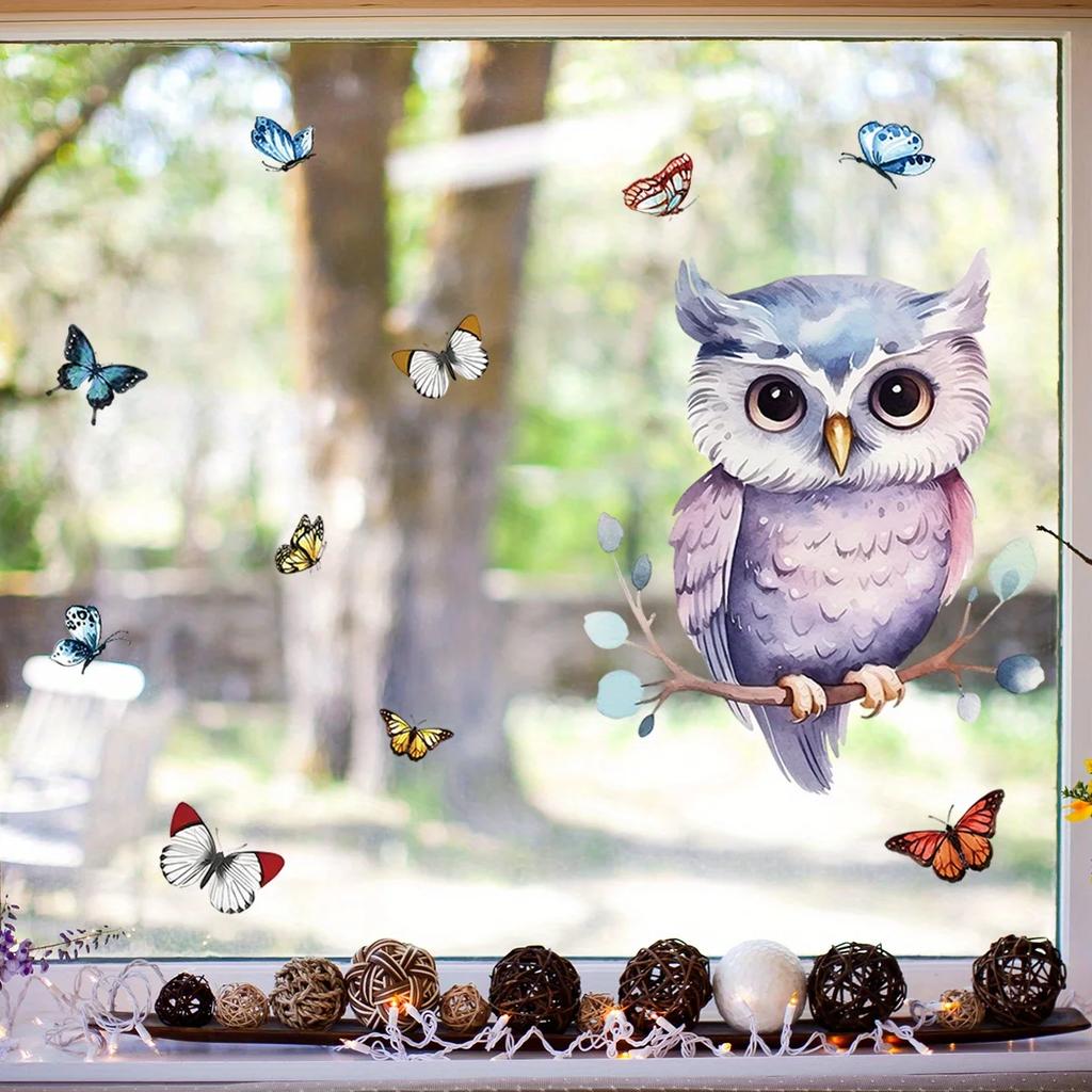 Cartoon Cute Owl Colored Butterfly Branches Animal Window Stickers for Bedroom Decor Living Room Nursery Decoration Wall Decals