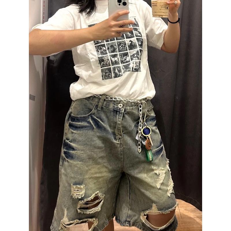 Pure Desire Y2k Spice Girls Denim Shorts Women Retro Washed  Summer Loose Do Old  Pants Female Ripped Quarter Fashion Pant