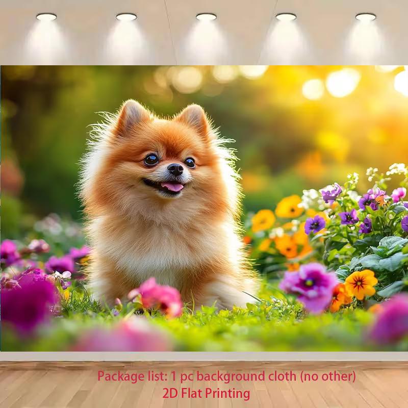 

Pomeranian Puppy Tapestry Backdrop, Garden Flower Background for Photoshoot 47.2x31.5inch/120*80cm