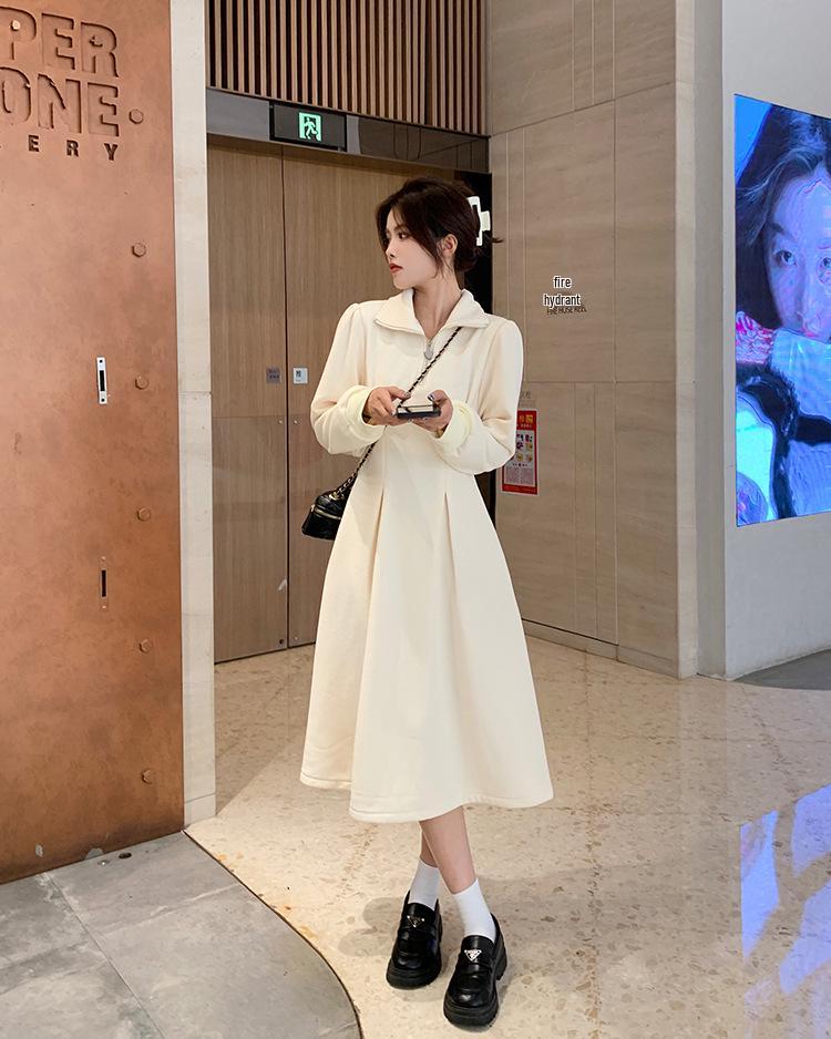 Women's Plus Size Waffle Knit Long Sleeve Dress with Cinched Waist and Polo Collar - New 2025 Spring/Autumn Style