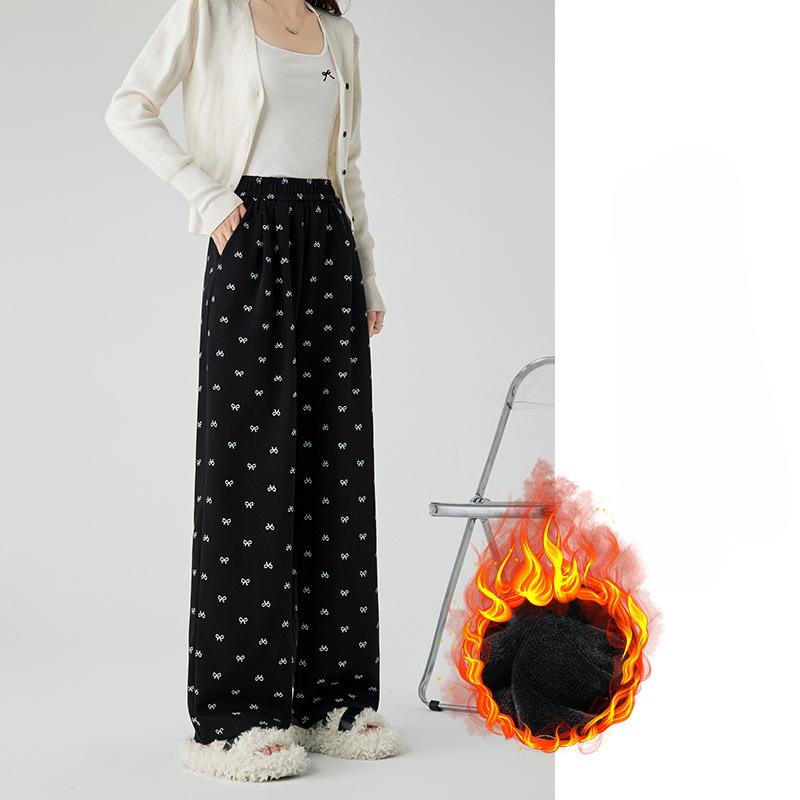 Design-sensory Bow Printed Wide-leg Pants Casual Pants Women's Autumn High-waisted Straight-leg Pants Floor Pants