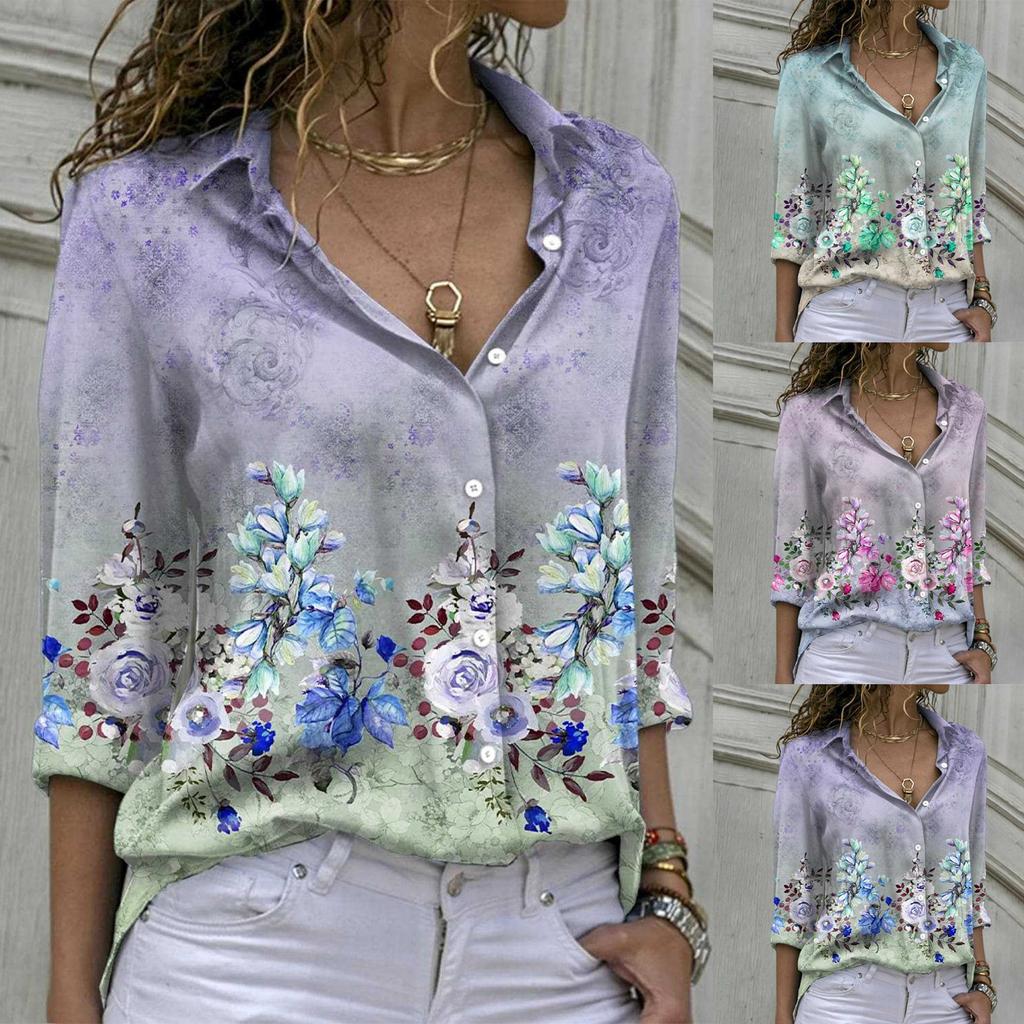 Women's Fashion Casual Printed Button Lapel Long Sleeved Shirt Top Blouse