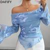 Women's Fashion Casual Spring Autumn Flower Pattern Print Long Sleeve One Shoulder Blouses & Shirts