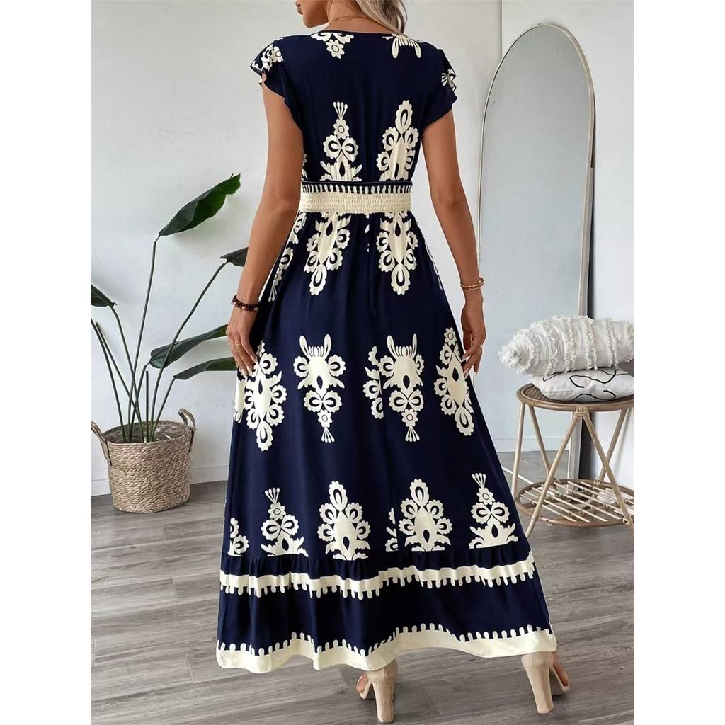 Women's Summer Ruffled Sleeves V-neck Waist-hugging Long Dress