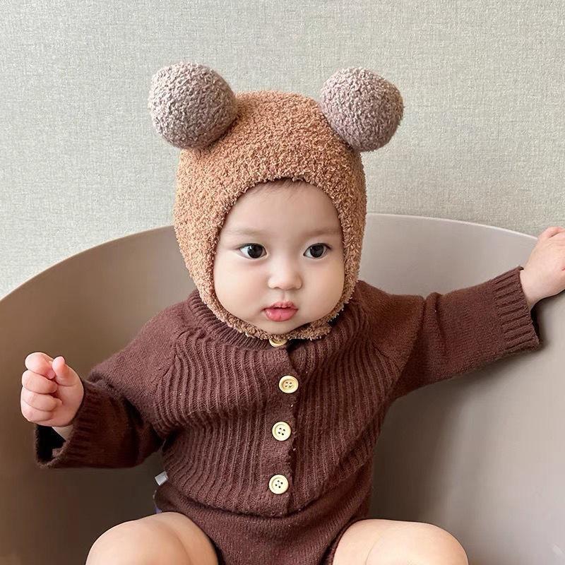 Baby hat autumn and winter super cute baby newborn infant ear protection warm cute men and women knitted fleece hat bag head