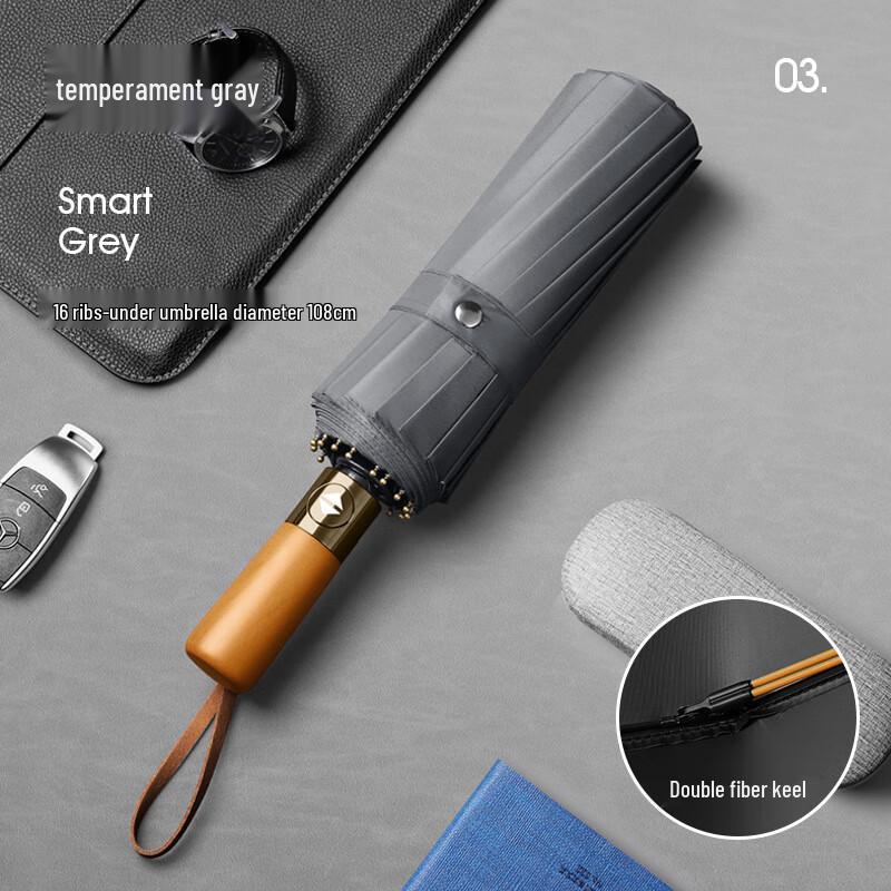 Wooden Handle 16-Rib Folding Umbrella