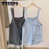 Jeans-Overalls mit weitem Bein auf beiden Seiten, Sommer, Studentinnen, lockere, altersreduzierende Big Pocket Sling Jumpsuit Shorts Tide