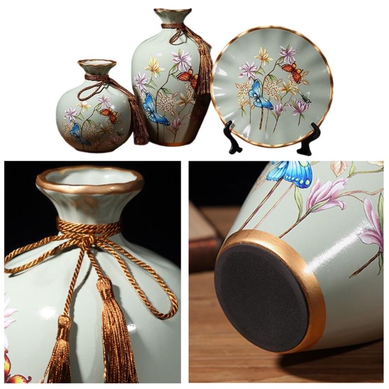 Set of 3 Ceramic Vases and Tray Gift Set Modern Design Decorative Flower Container for Office Desk Bookcase Display