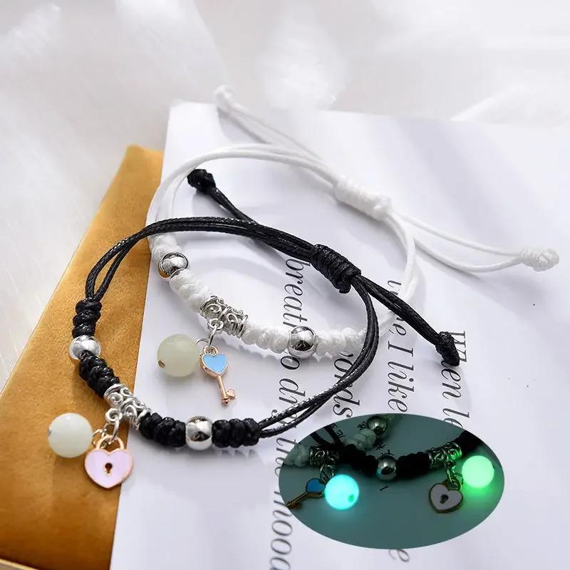 2PC Luminous Beads Star Couple Bracelet for Women Men Charm Cat Flower Heart Key Lock Cross Matching Friend Bracelets Jewelry