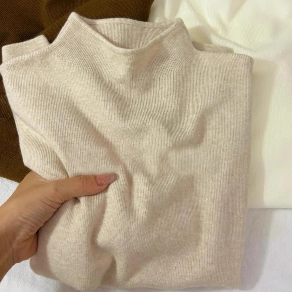 Women's Half Turtleneck Knitted Base Shirt Soft Skin-Friendly Pullover Sweater Autumn Winter Solid Color Stretch Knit Top