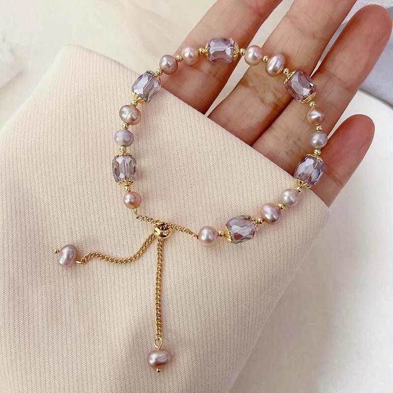 Vintage Purple Imitation Pearl Bracelet for Women Girls Fashion Design Crystal Adjustable Chain Jewelry Gifts