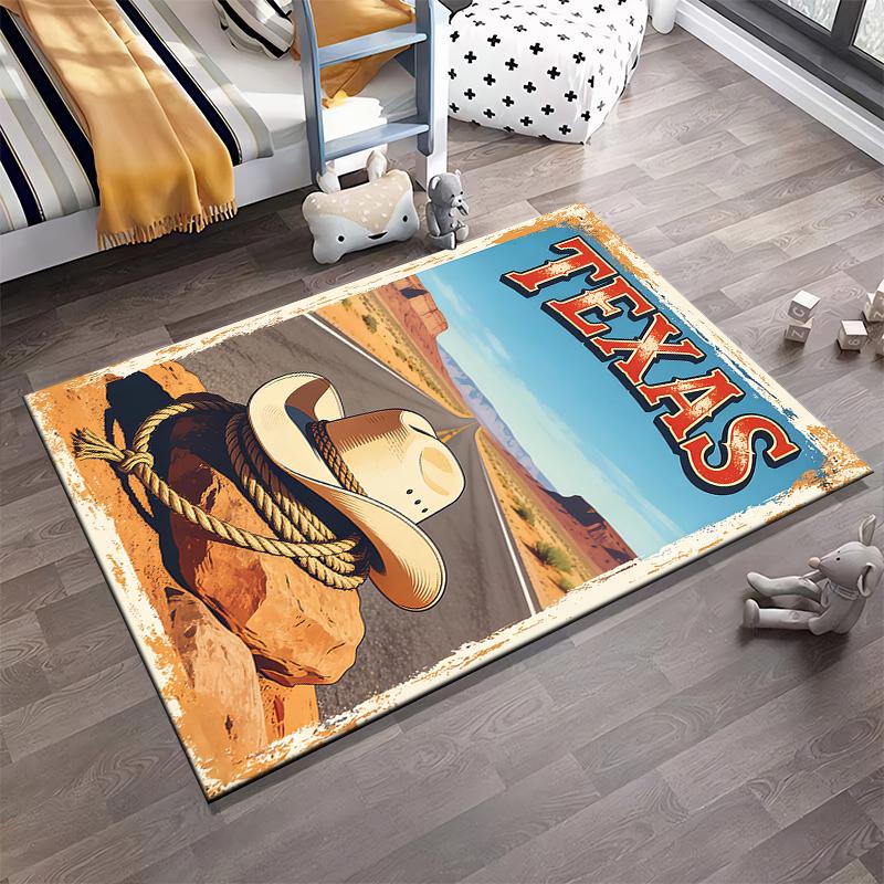 "Texas Cowboy Hat Scenic Desert Road Carpet with Rustic Design" Suitable for use as an anti-slip for living room bedroom sofas