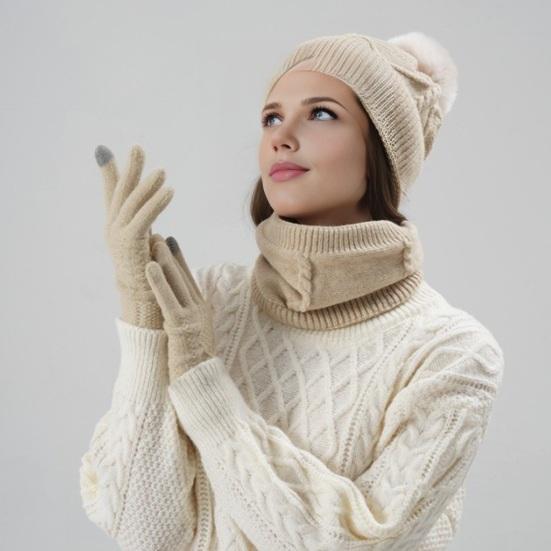 3Pcs/Set Women Hat Scarf Gloves Set Solid Color Design Twist Texture Thickened