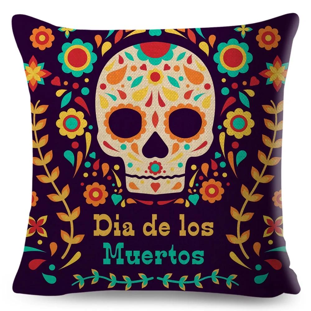 Day Of The Dead Pillowcase Decor Cartoon Mexico Flower Skull Print Cushion Cover for Sofa Home Polyester Pillow Case 45x45cm