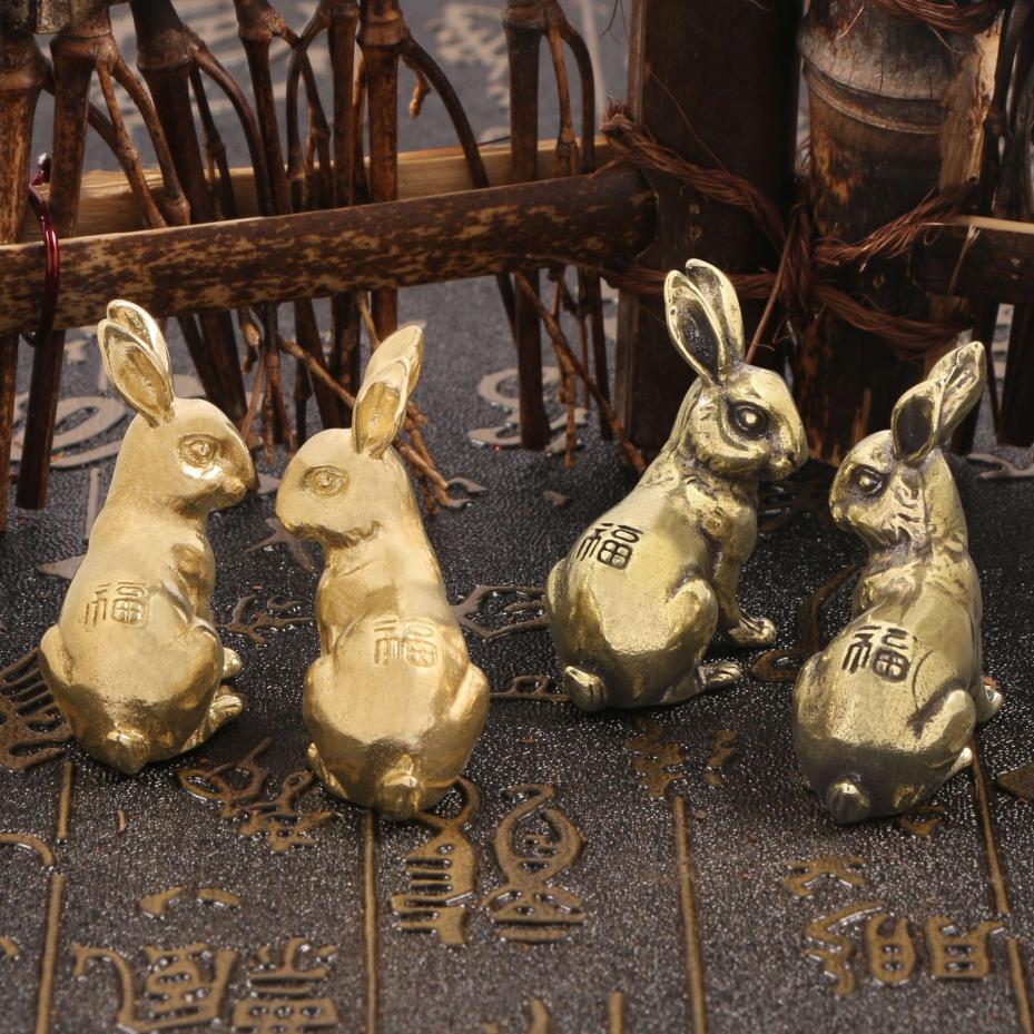 1 Pair Lucky Rabbit Statue Ornaments Antique Copper Zodiac Vintage Solid Brass Animal Miniature Figurine Tea Pet Desk Decor