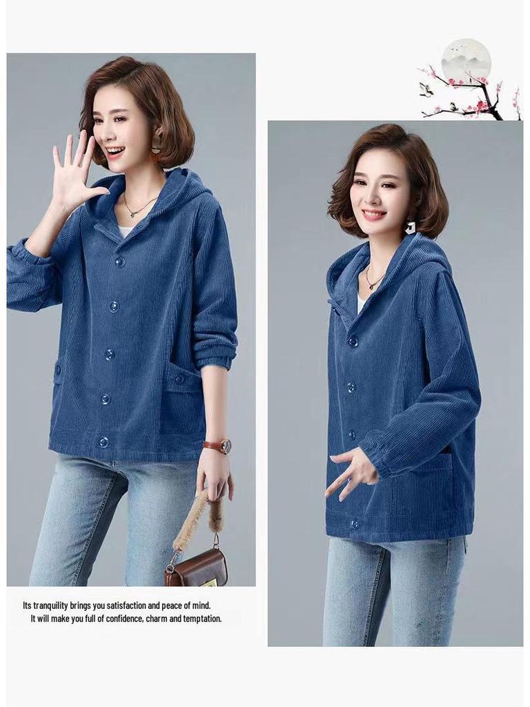 2023 Women's Korean Style Loose-Fit Corduroy Jacket with Velvet, Available In Plus Sizes for Spring, Autumn, and Winter.