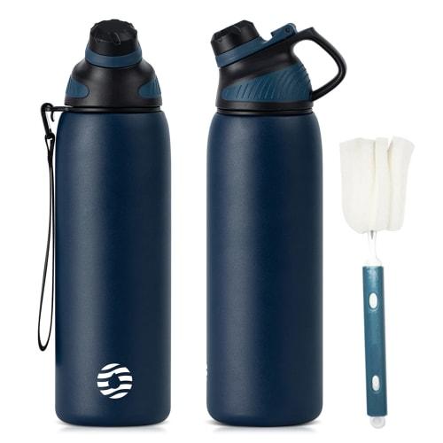 FJbottle 1 Liter Vacuum Insulated Sports Bottle, Keeps Hot or Cold Drinks Hot or Cold, Wide Mouth, Easy To Clean, Stainless Steel, Mug Bottle, Include