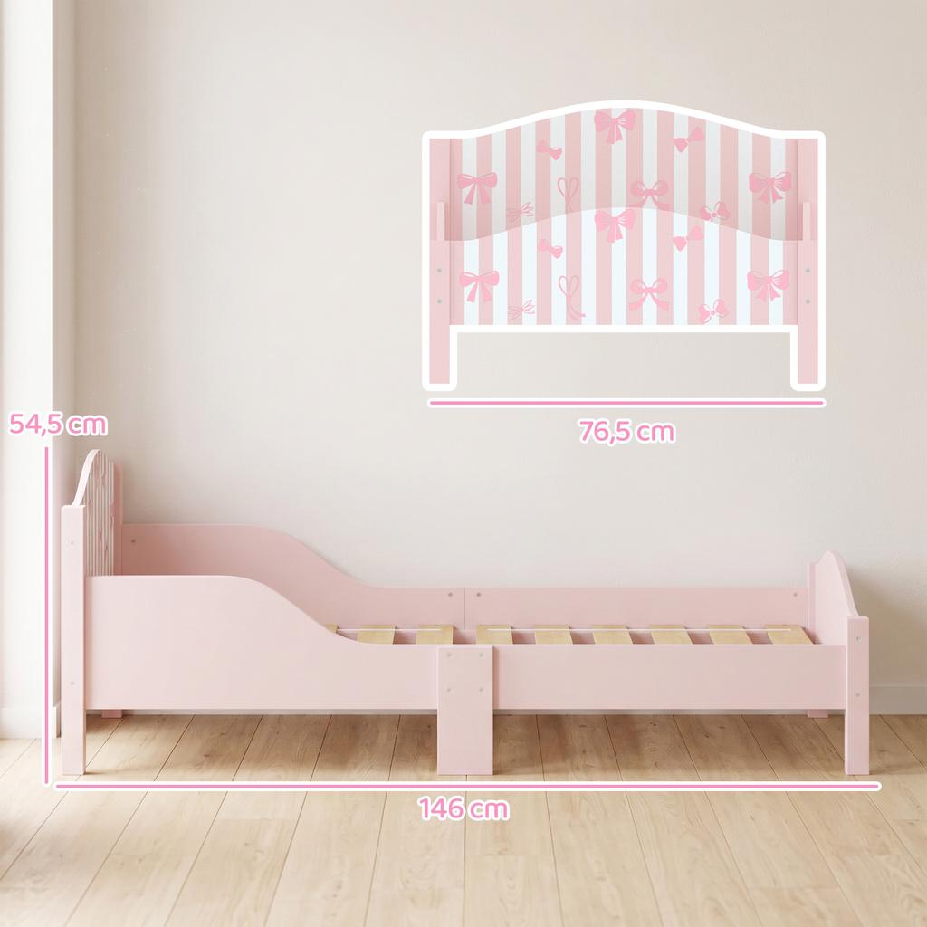Children's Bed, 70 x 140 cm, Safety Rail, Bow Pattern, Pink