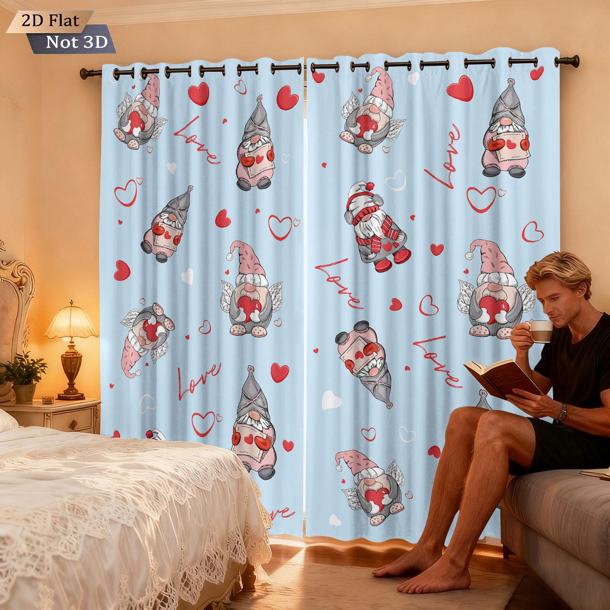 

Set Of 2 Valentine Day Cartoon Cute Goblin Print Perforated Curtains Multi Size Living Room Insulation Holiday Decoration Light Blocking Made W100*H70(CM)-Rod Pocket&2PCS