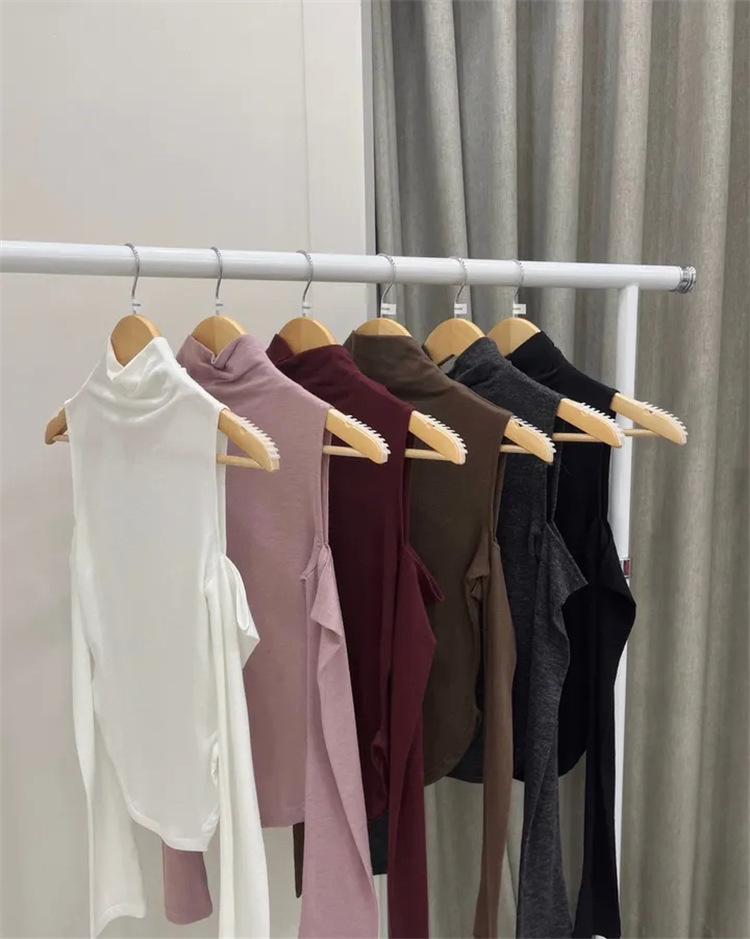 Korean High Neck Off-the-Shoulder Sheer Slimming Long Sleeve Curved Hem Women's Top