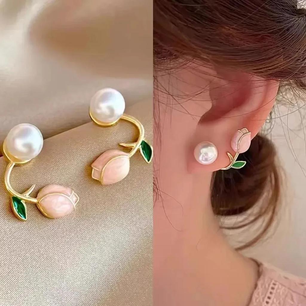 Sweet Cute Enamel Pearl Tulip Flower Stud Earrings for Women Korean Temperament Back Hanging Earring Fashion Jewelry