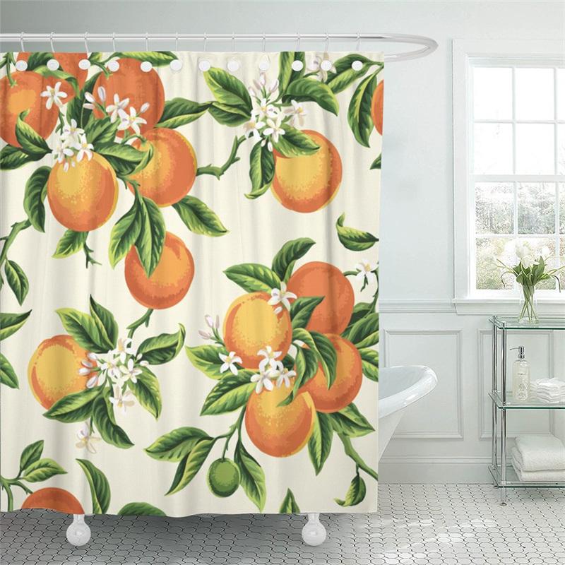 Fruit Showers Curtain Liner Peach Lemon Strawberry Orange Papaya Print Fabric Shower Curtains Cute Bright Colorful Design Hook
