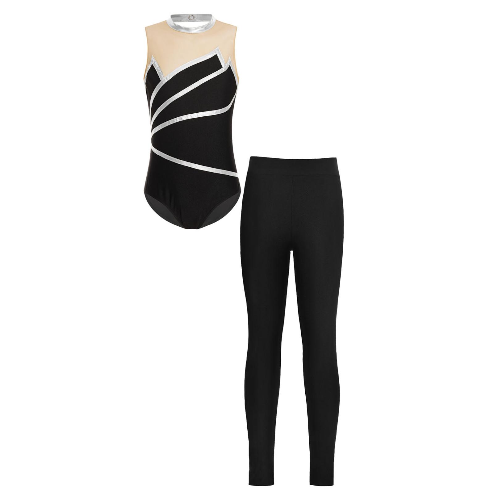 

Спорядження для гімнастики для дітей, дівчаток, трико без рукавів у металеву смужку та легінси з брюками 15-16 Years срібний