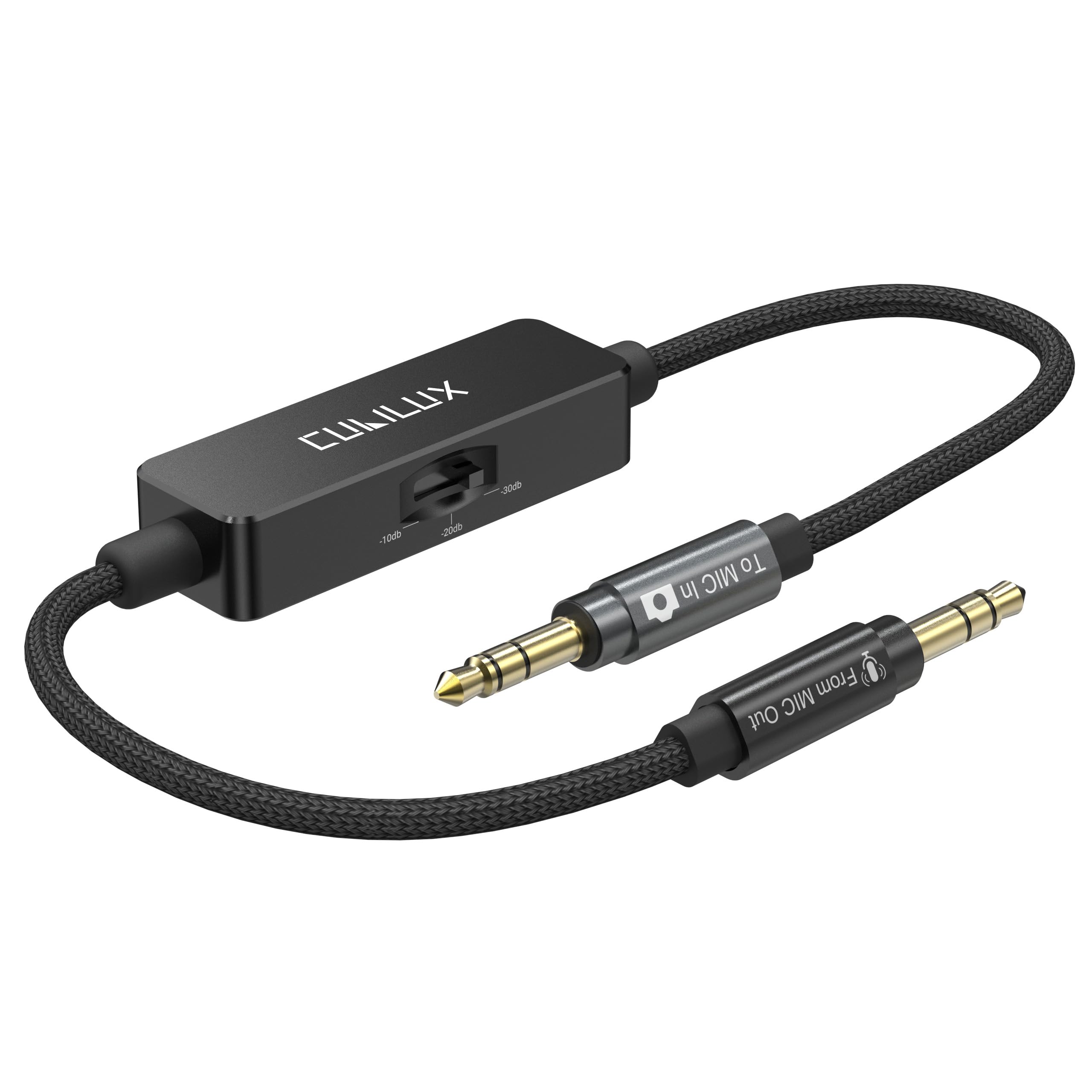 

Cubilux TRS Line to Microphone Attenuator Switchable Stereo Audio Adapter Cord for DSLR Cameras and Video 30cm 3.5mm Cable, 3-Stage