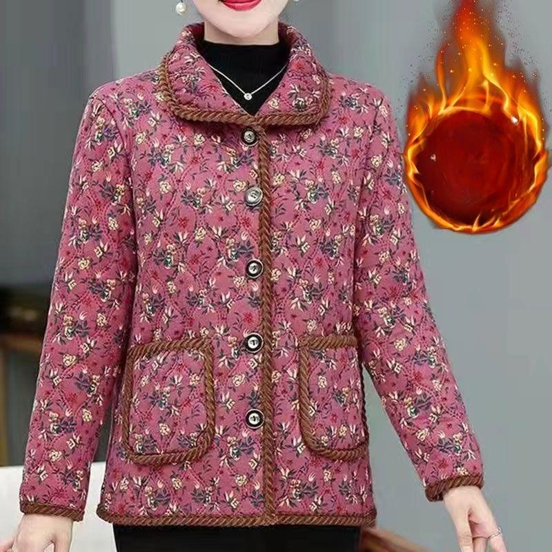 Middle-aged Women's Winter Warm Long-sleeved Plus Velvet Home Jacket Autumn and Winter New Thickened All-match Floral Cotton Jacket
