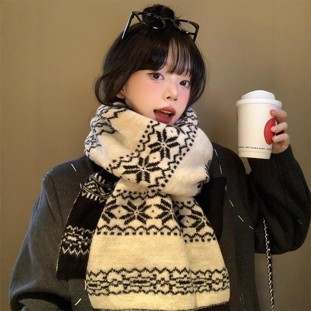 Snowflake double-sided knitted scarf, women's autumn and winter Korean atmosphere, thickened and warm, high-end scarf, retro shawl