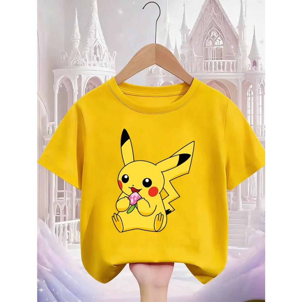 Süßes Pikachu Mode T-Shirt 3-14J Jungen Mädchen Sommer Kawaii Street Heiß Cartoon Lässig Rundhalsausschnitt Kinder