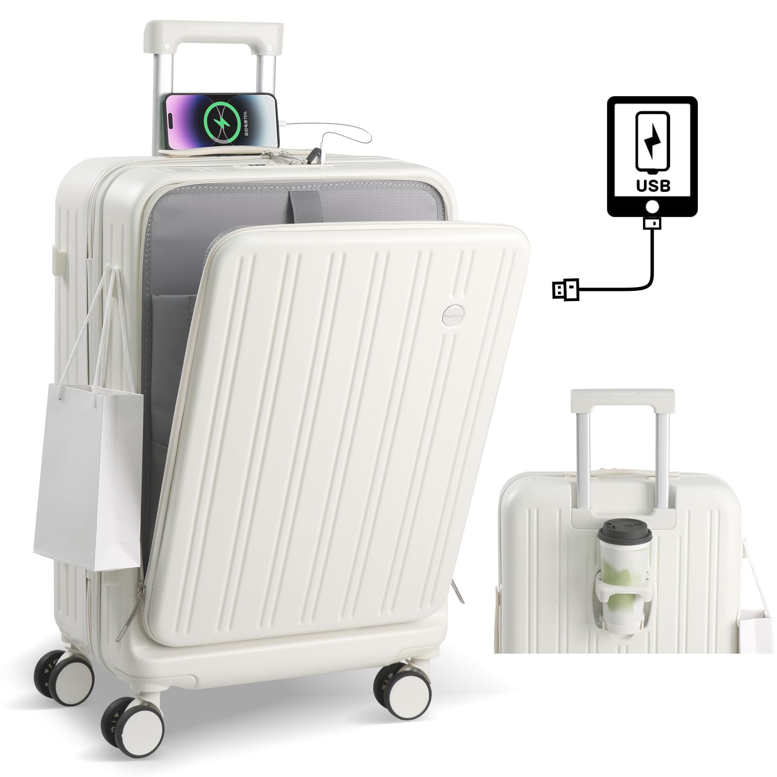 

Front Carry Case with USB Carry Bag with Cup Ultra Computer Storage Front Luggage Double Business School S [RoamRover] Suitcase, Open, Carry-on Port, білий