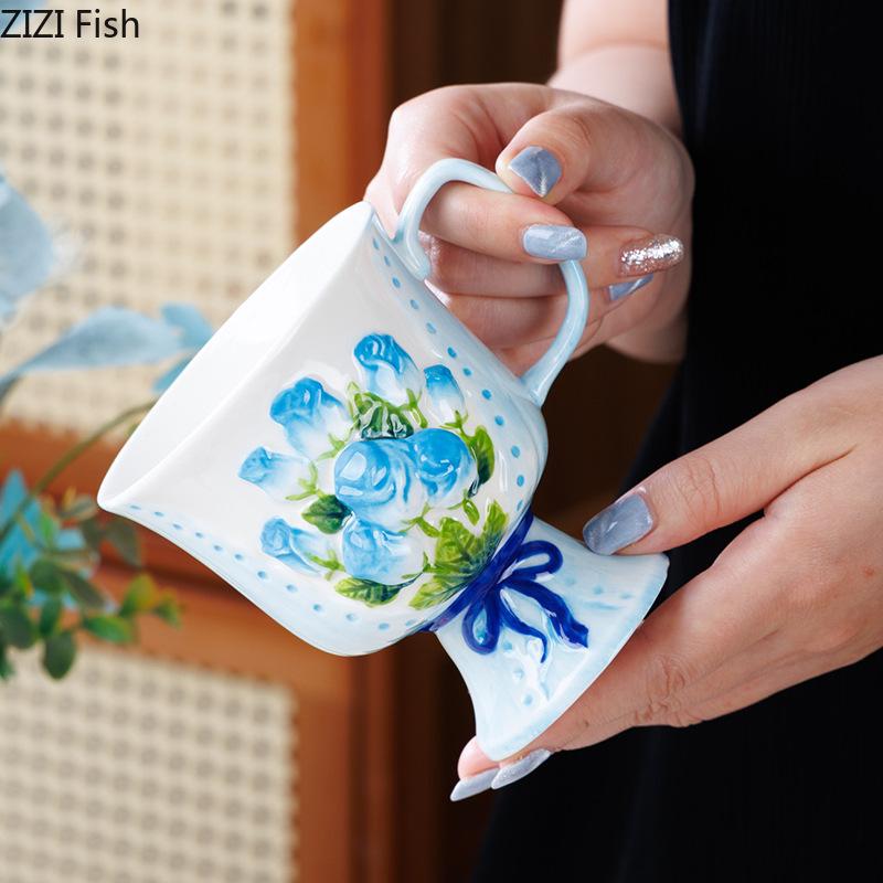 Enamel Rose Relief Cup&saucer Porcelain Coffee Mug Dining Table Flower Decorative Mugs Afternoon Tea Teacup Fruits Juice Cup
