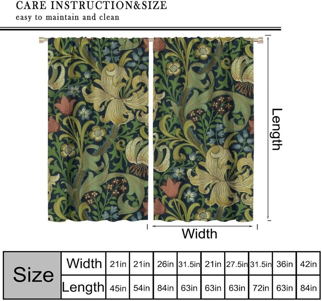 Cortinas Blackout Florais Vintage William Morris   Cortinas de Janela com Flores Rústicas Boho William Morris   para Sala de Estar Quarto 42" L