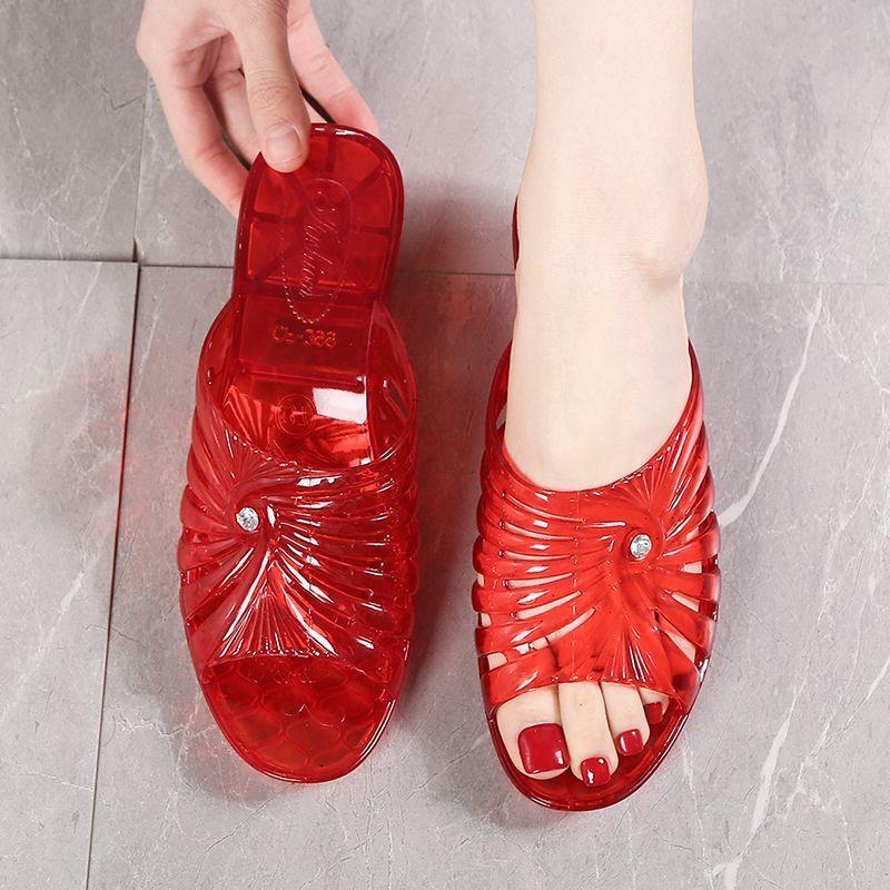 Fasjonable Kule Tøfler for Kvinner Om Sommeren Sklisikre Tykke Plast Yttertøy Gjennomsiktig Kilehæl Høydeøkning