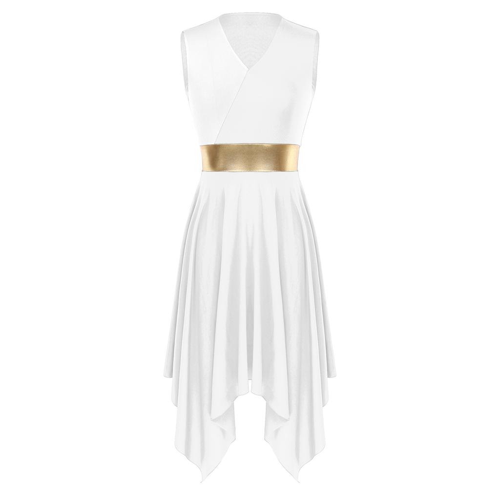 Womens Party Dance Dress V Neck Sleeveless Color Block Patchwork Irregular Hem Performance Outfit