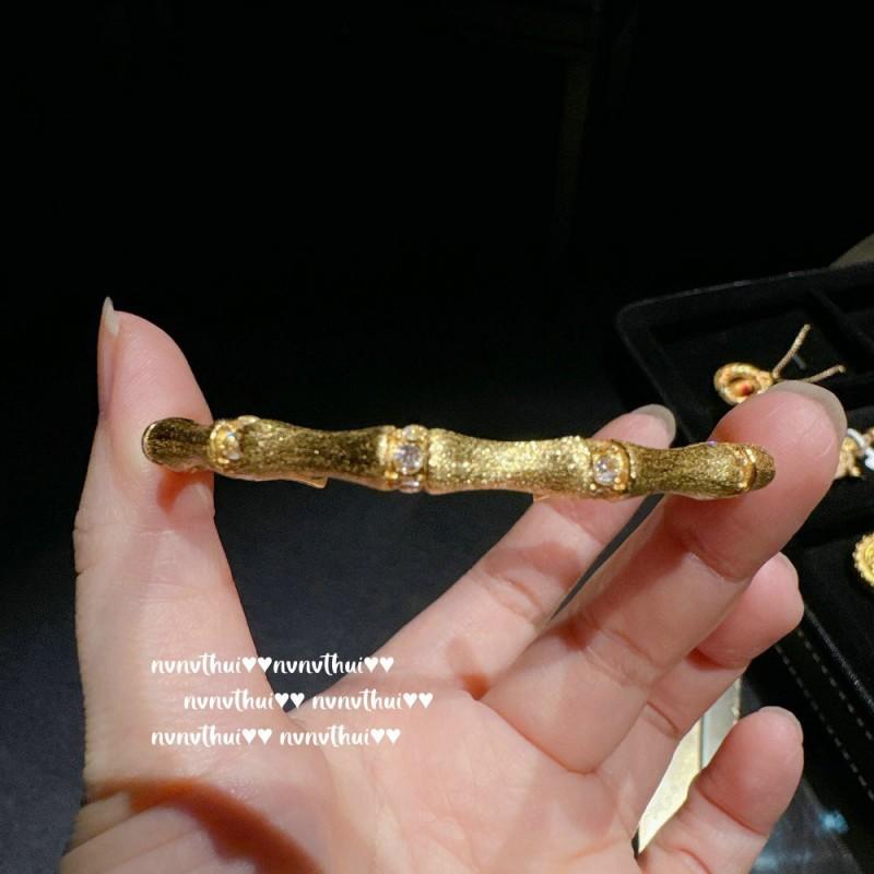 Vintage Bamboo Segment CZ Stone Open Bangle Bracelet Women Retro French Style Stacked Layering Jewelry