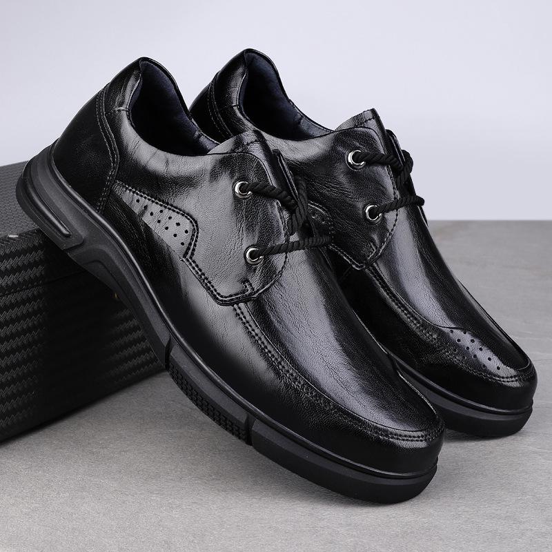 Men's Spring Low-Top Leather Lace-up Casual Shoes - Round Toe & Flat Sole