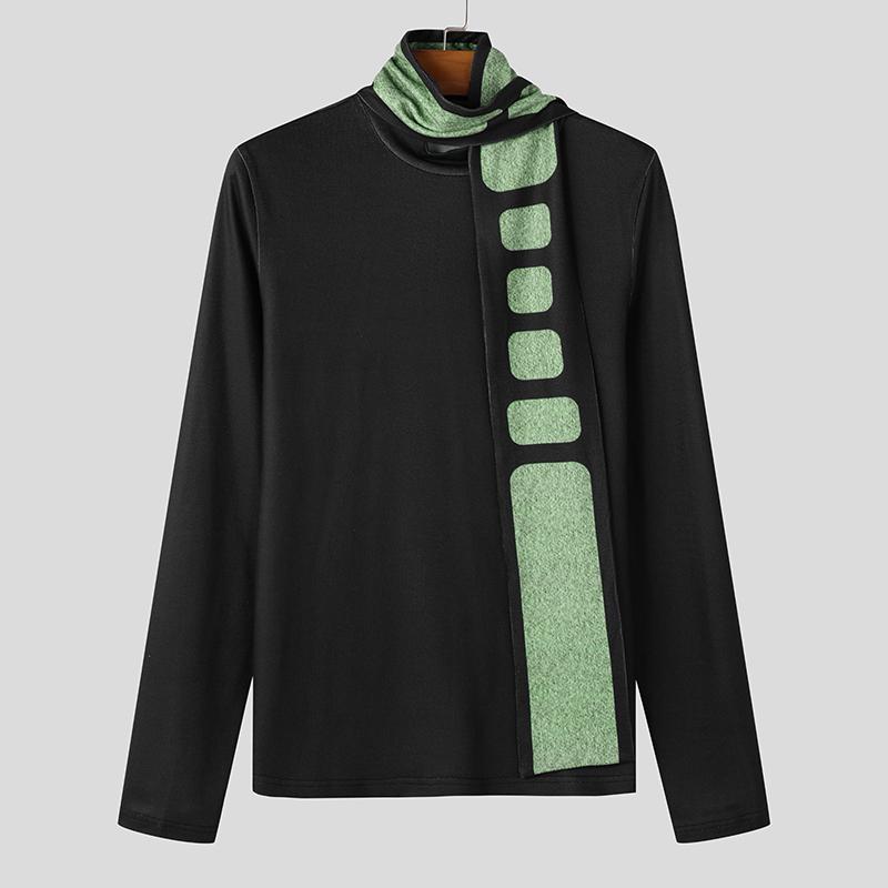 INCERUN Men High Neck Long Sleeve Scarf Pullover Casual Patchwork Tops
