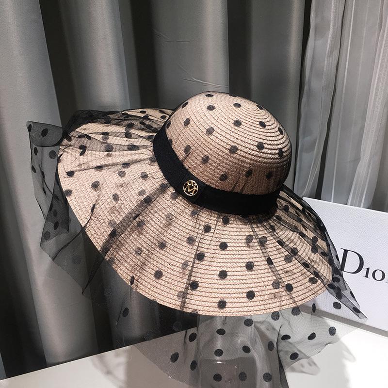Celebrity style temperament polka dot mesh M straw hat children summer vacation beach hat personalized big brim sun hat cool hat