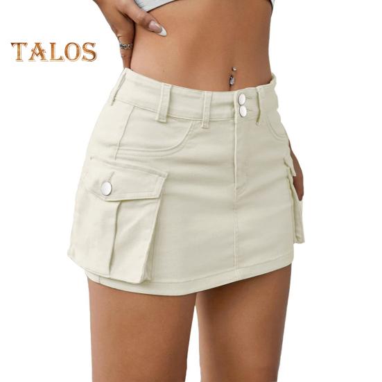 Mini fustă de blugi pentru femei Fusta cargo cu talie joasă cu buzunar, culoare solidă, cu buton, fermoar, fustă scurtă, îmbrăcăminte de stradă